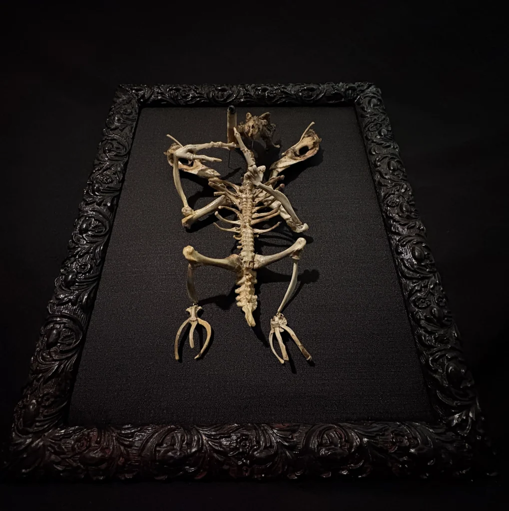 A high-contrast atmospheric shot of the Aillen sculpture, emphasizing the haunting shadows and "Ethereal Macabre" aesthetic of the piece.