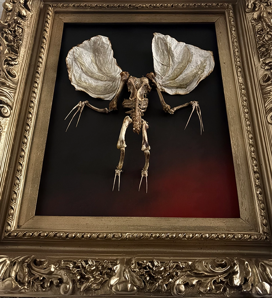 A close-up detail of the Dúlachán sculpture, highlighting the precision-jointed bones and the haunting naturally whitened textures of the headless specter.