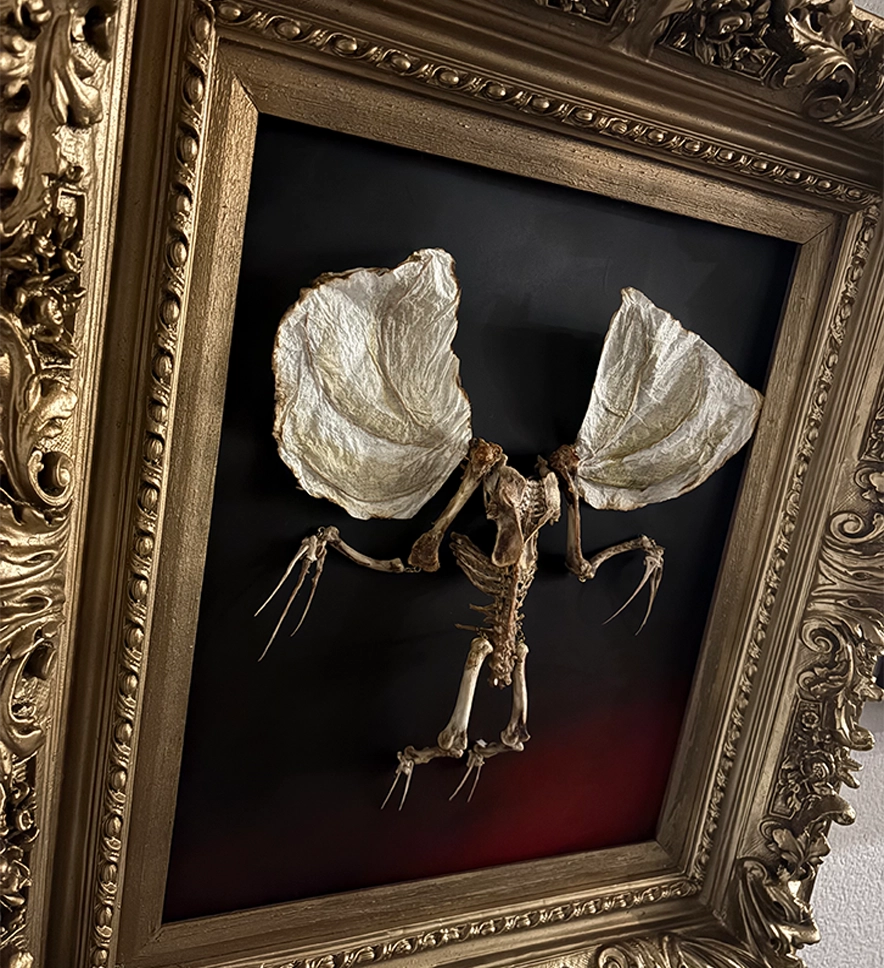 Upper angle of Dúlachán a real bone skeleton demon in gold frame artistic creation by Hybrid Fever