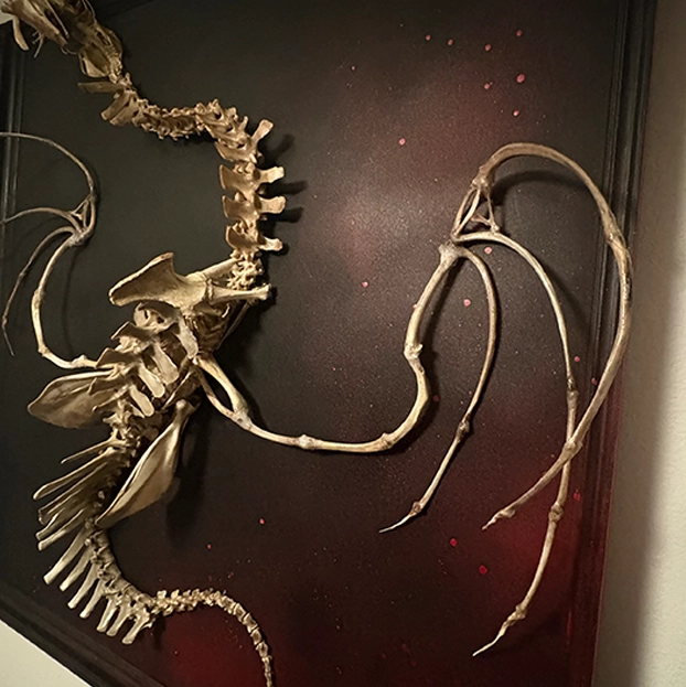 Real Animal Bone Artistic Sculpture Ollphéist’s, a complex skeletal chimera meticulously assembled from ethically sourced cow, pig, turkey, chicken and tilapia fish bones.