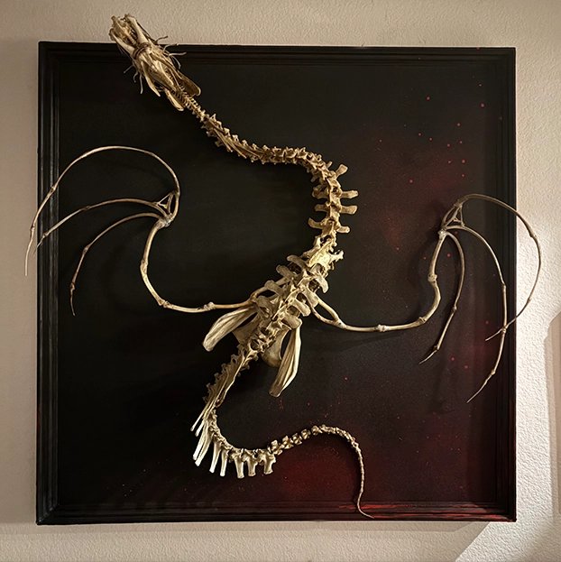 Ollphéist Front Bone Sculpture by Hybrid Fever Monumental real bone dragon sculpture, the Ollphéist, by Hybrid Fever in Ventura, California.