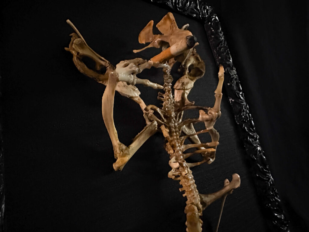 Detail of the sinuous, hand-articulated spine of Aillen, showcasing the fluid, rhythmic anatomy of the musician from the Sidhe.