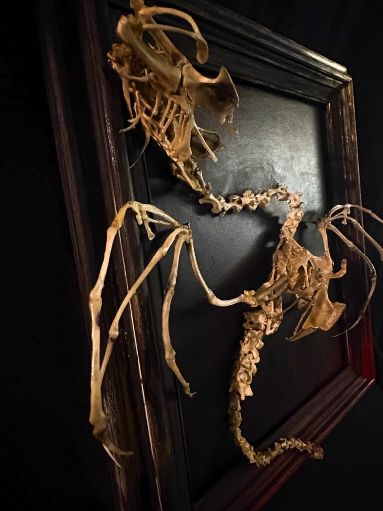 Moody, low-light silhouette of the Beithir serpent skeleton, emphasizing the macabre elegance of the anatomical form.