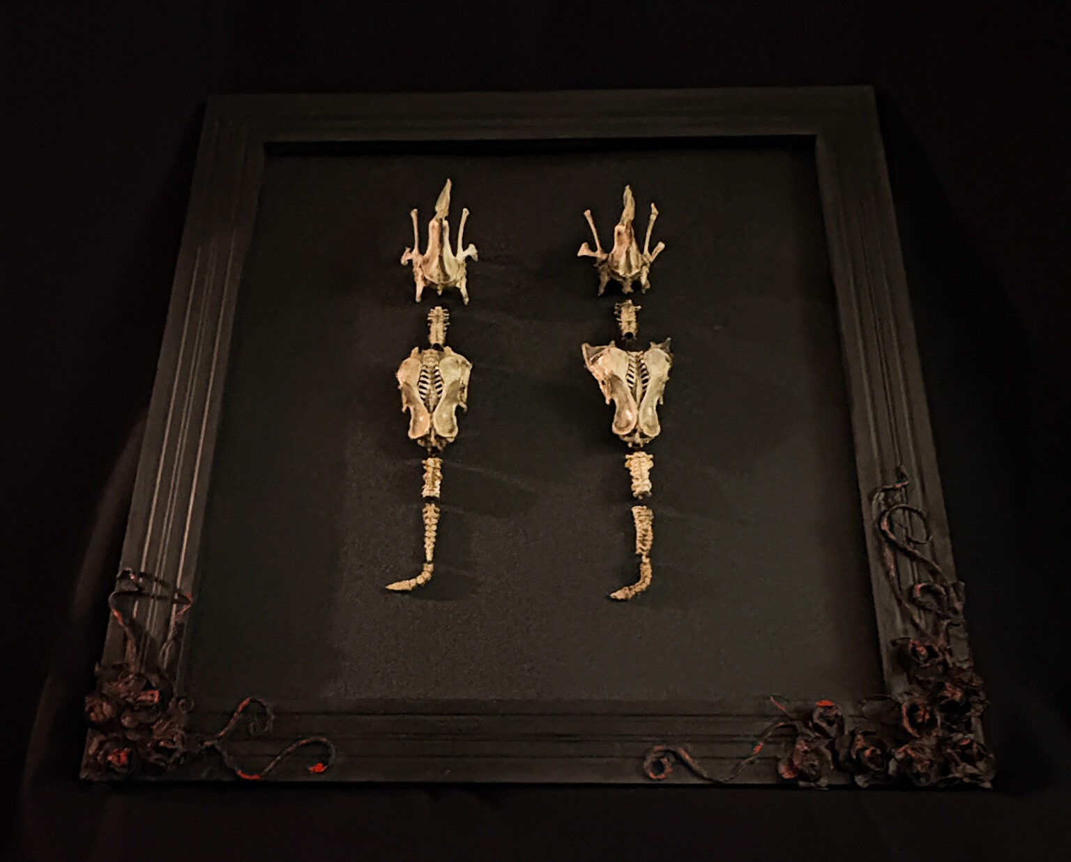 Full skeletal articulation of the Each-uisce water horse, hand-posed in a dynamic galloping posture on a custom museum-grade base.