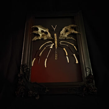 Hand-posed Féileacáin skeletal butterfly on a custom base, designed to evoke the weightless grace of a real butterfly.
