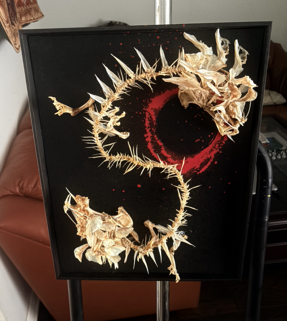 Two headed Chinese Dragon real chicken & Fish Bones sculpture
